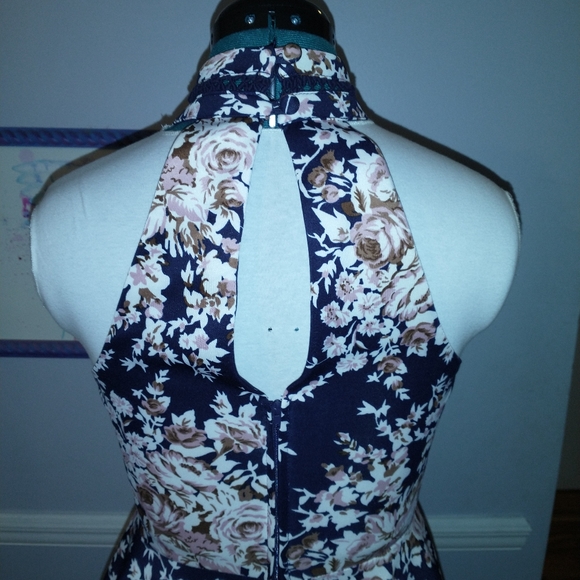 B DARLIN Printed Mock-Neck Crochet-Trim Fit & Flare Dress - Picture 3 of 5